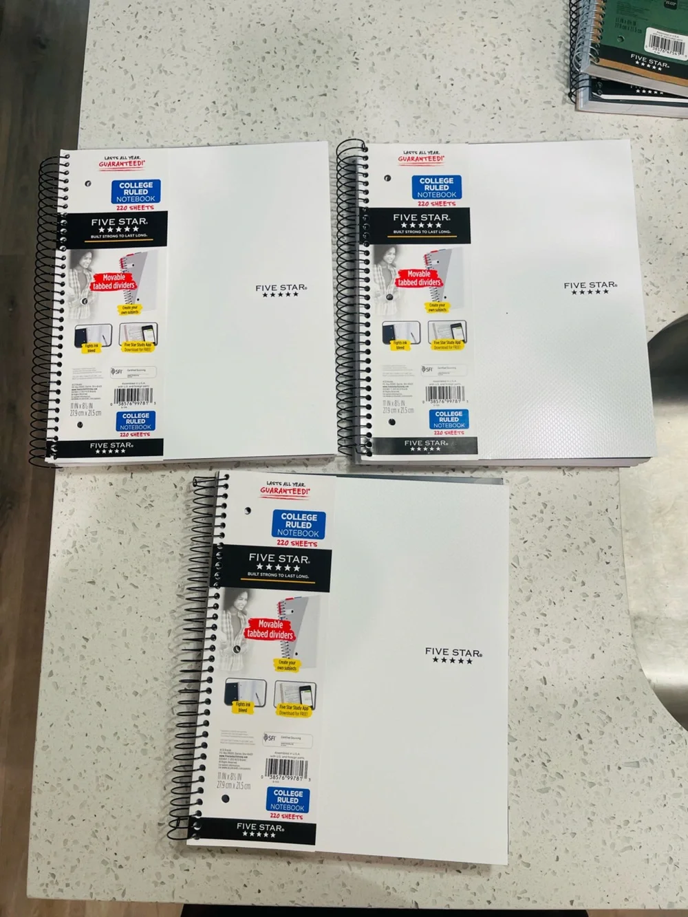 Five Star Lot of 5 College Ruled Spiral Notebooks Letter 8.5 x 11 Solid